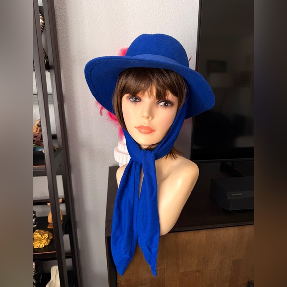 Vintage Blue Wool Fedora Hat with Scarf - Picture 7 of 9